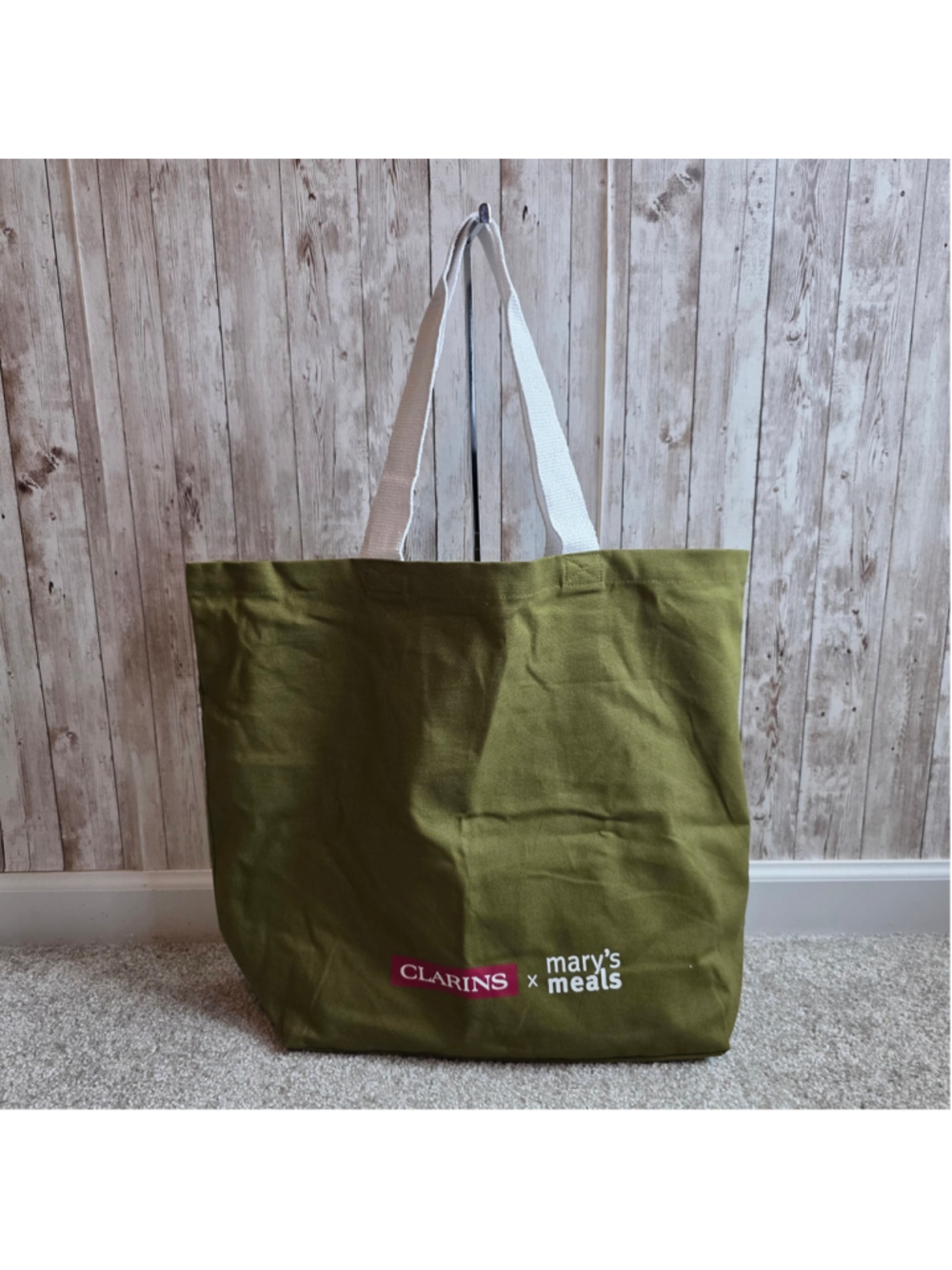 Women's Clarins x Mary's Meals Tote Bag Olive White NWOT